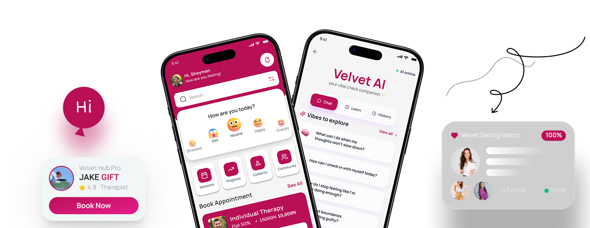 Velvet Hub mobile app screens and profile cards